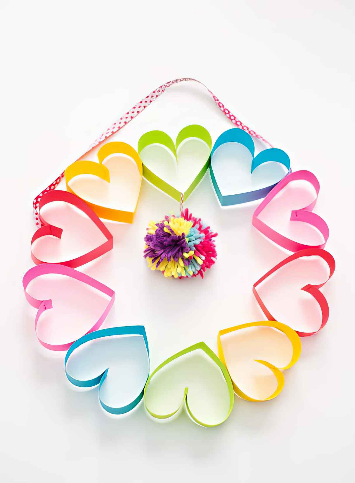 Rainbow Paper Heart Pom Pom DIY Wreath