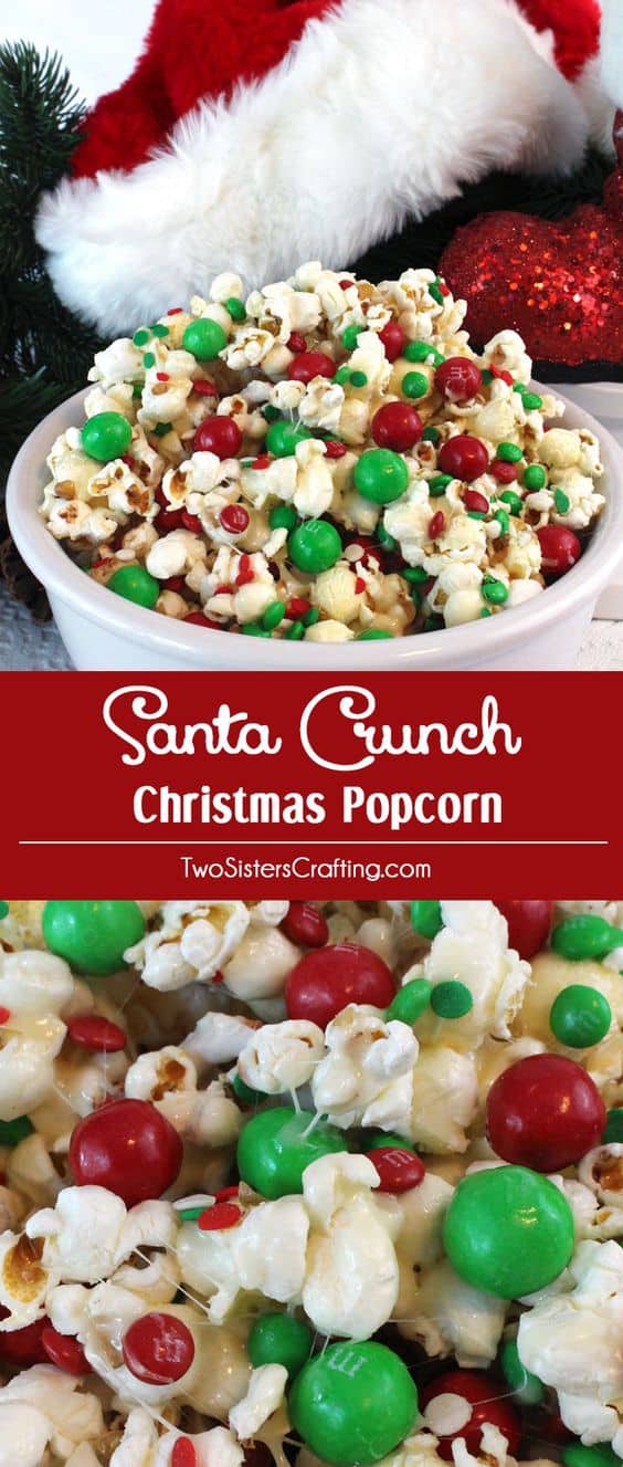 Santa Crunch Popcorn - Best Christmas Desserts - Recipes and Christmas Treats to Try this Year! Try these amazing and cute easy Christmas dessert recipes to have a great party for your kids, friends, and family! Cupcakes, cakes, sweet bites, pies, brownies, home-made Christmas popcorn, Christmas cookies and other delights. #christmas #dessertfoodrecipes #xmas #recipes #food #christmasfood