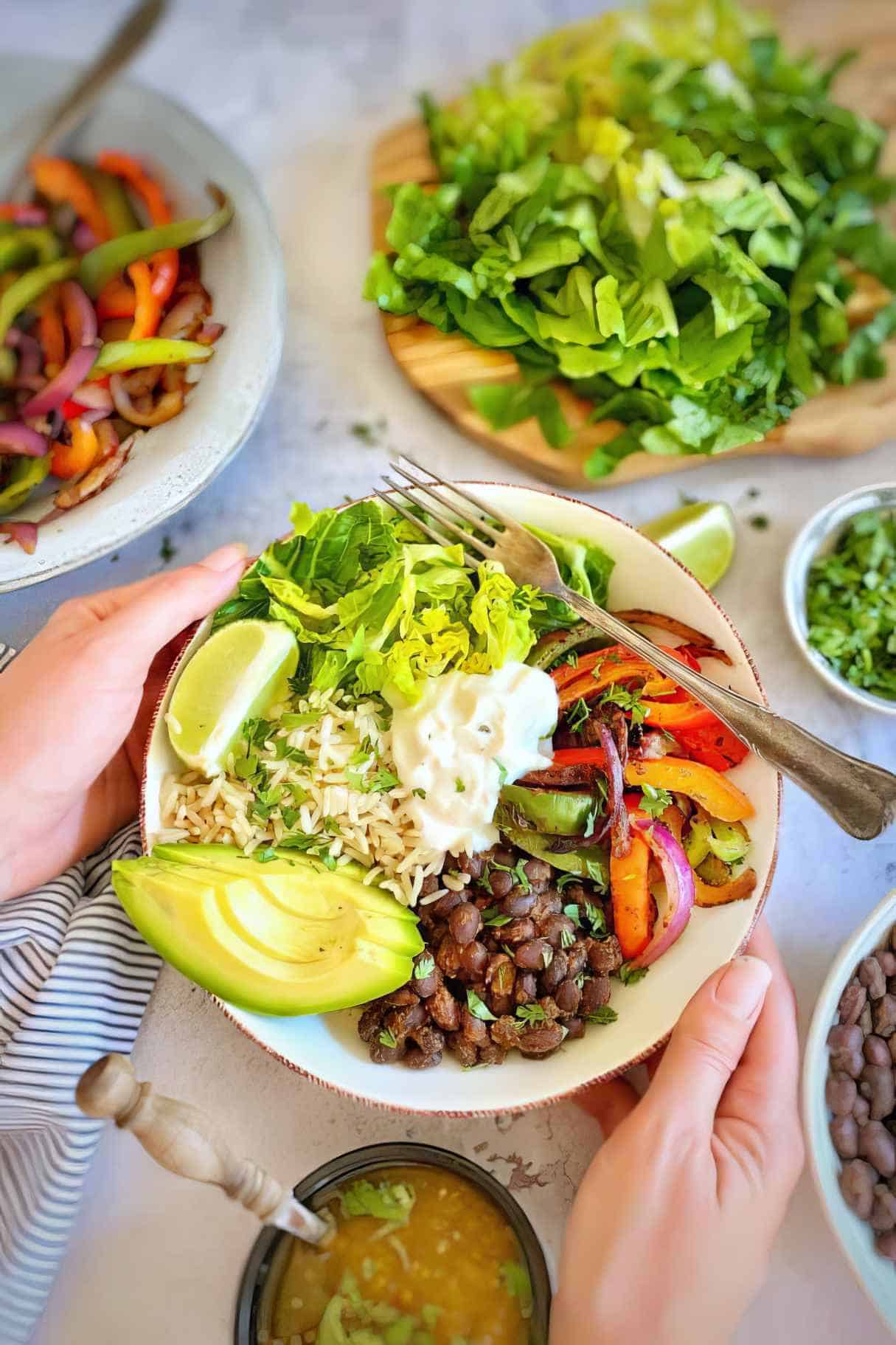 Easy Vegan Burrito Bowl with Black Beans and Fajitas