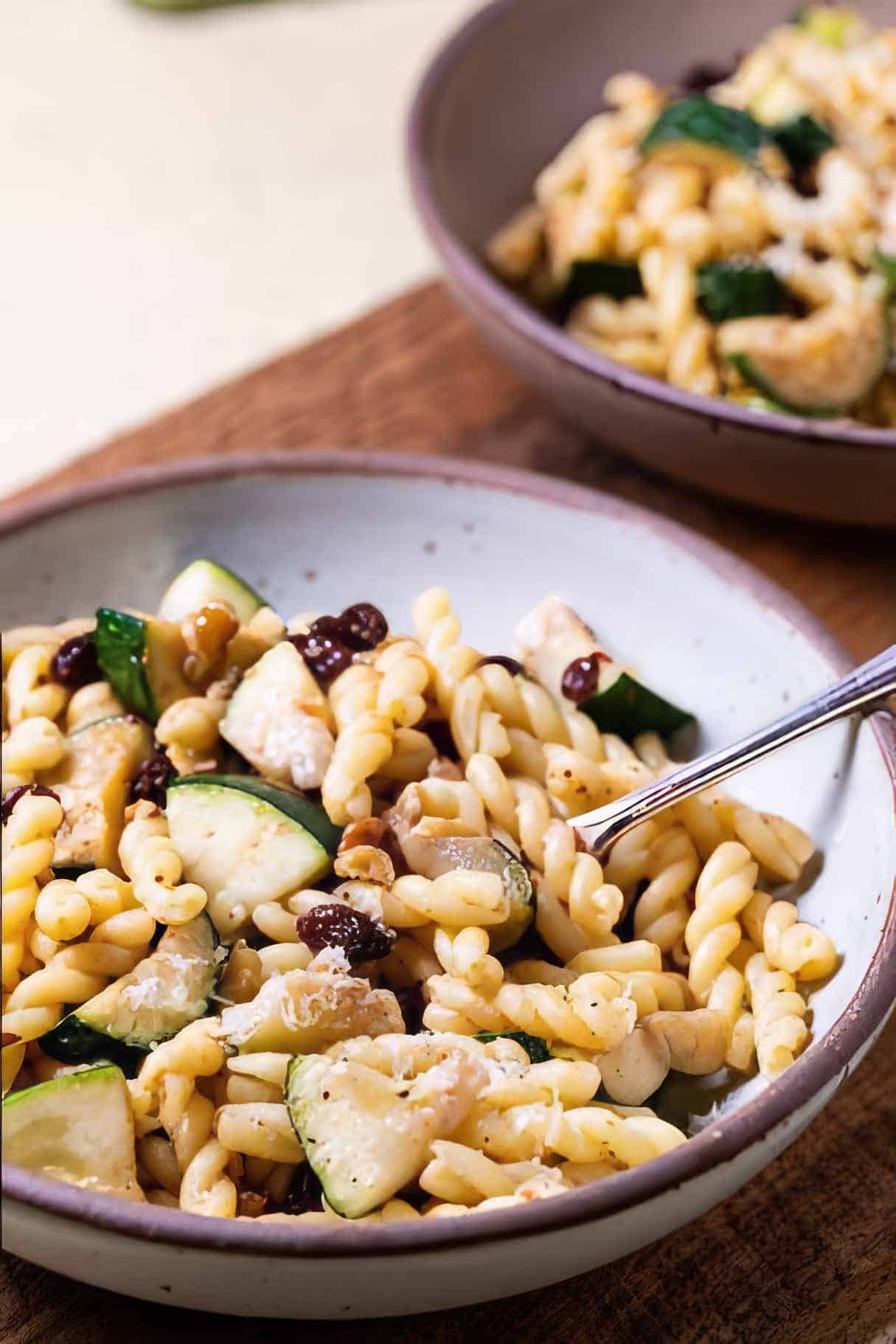 Pasta with Zucchini, Raisins and Crunchy Walnuts - Summer Dinner Idea