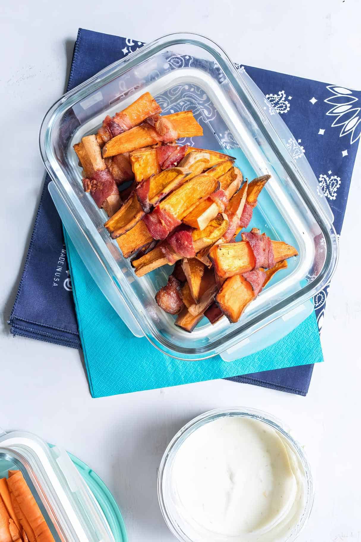 Bacon Wrapped Sweet Potatoes with Lime Yogurt Sauce