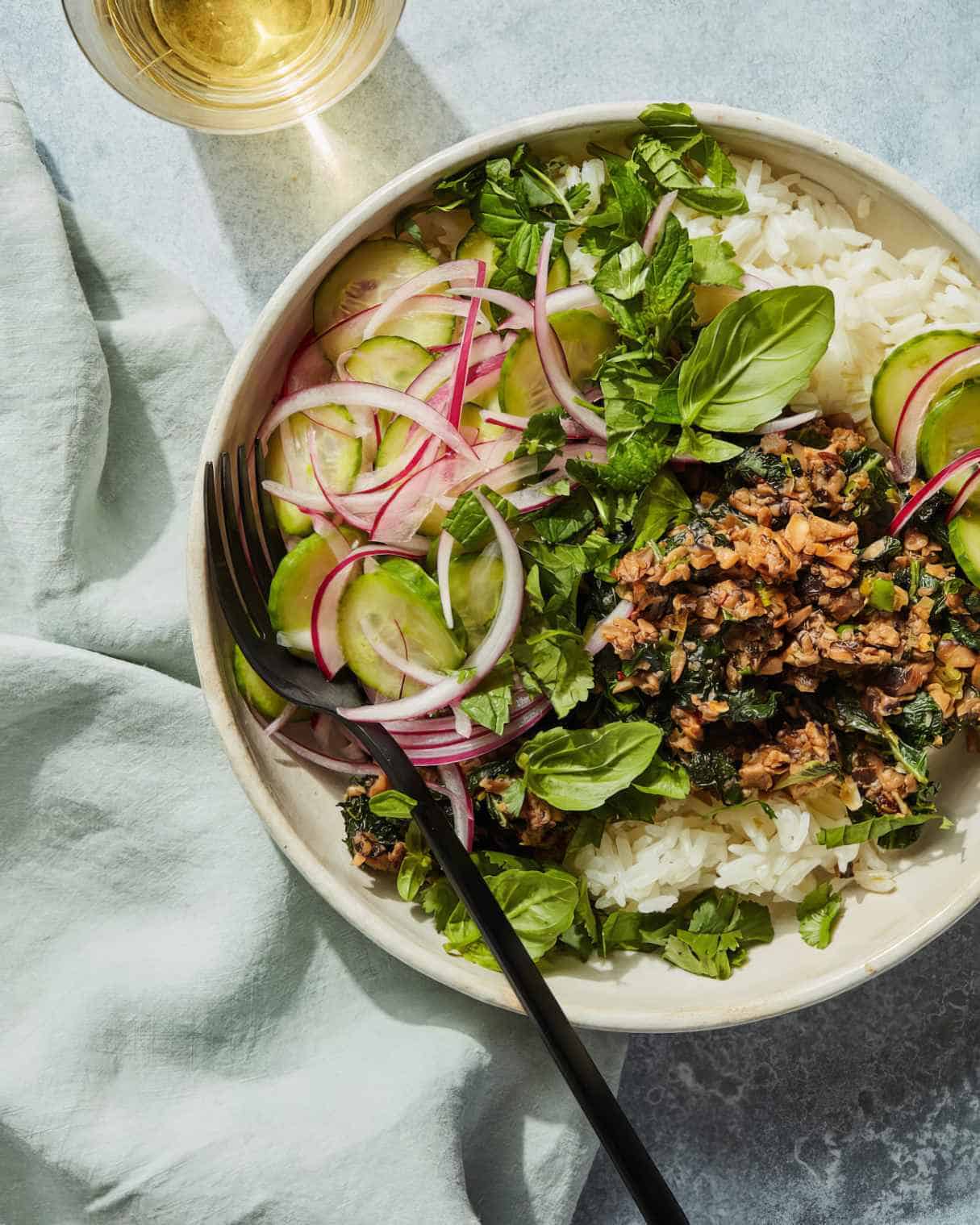 Vegetarian Mushroom Kale Larb Bowls