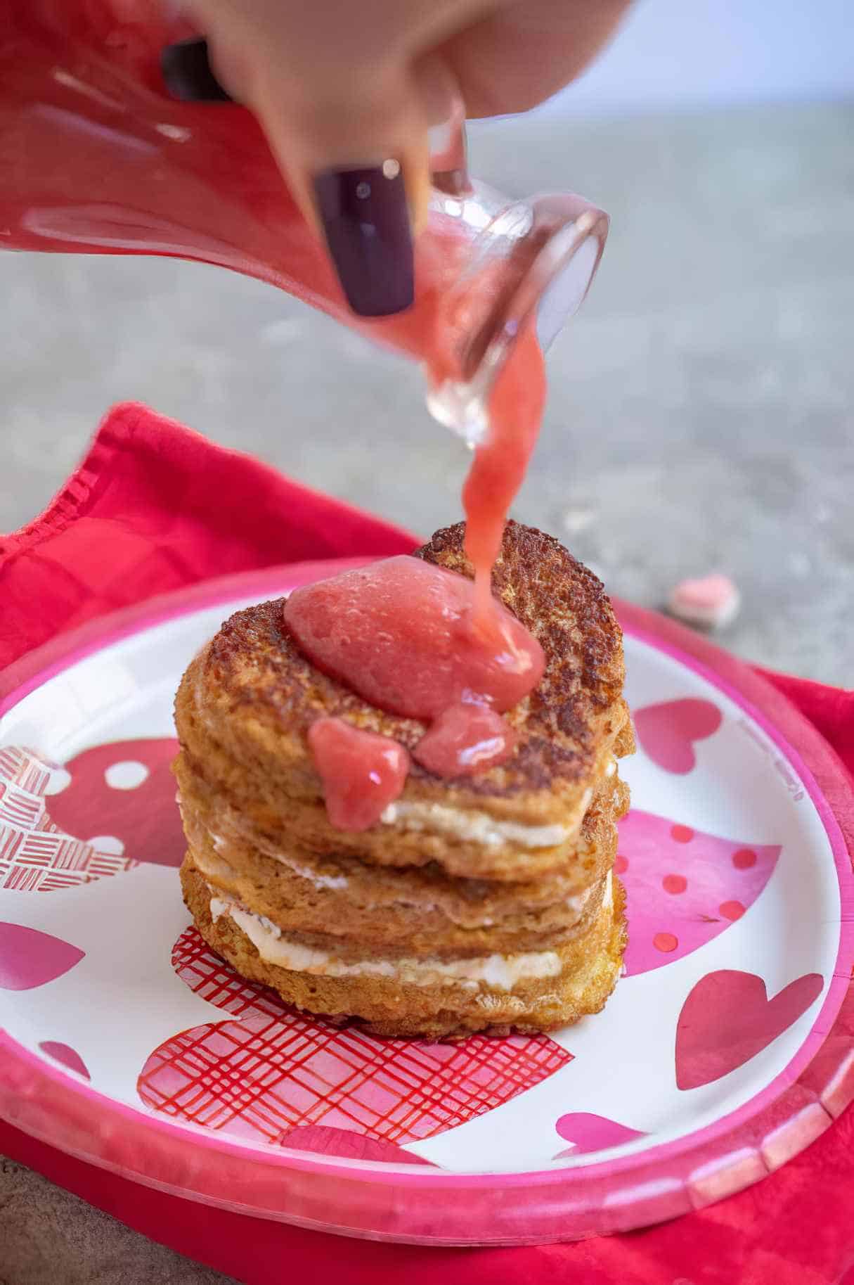 Heart-Shaped Cream Cheese Stuffed French Toast Recipe with Strawberry Sauce