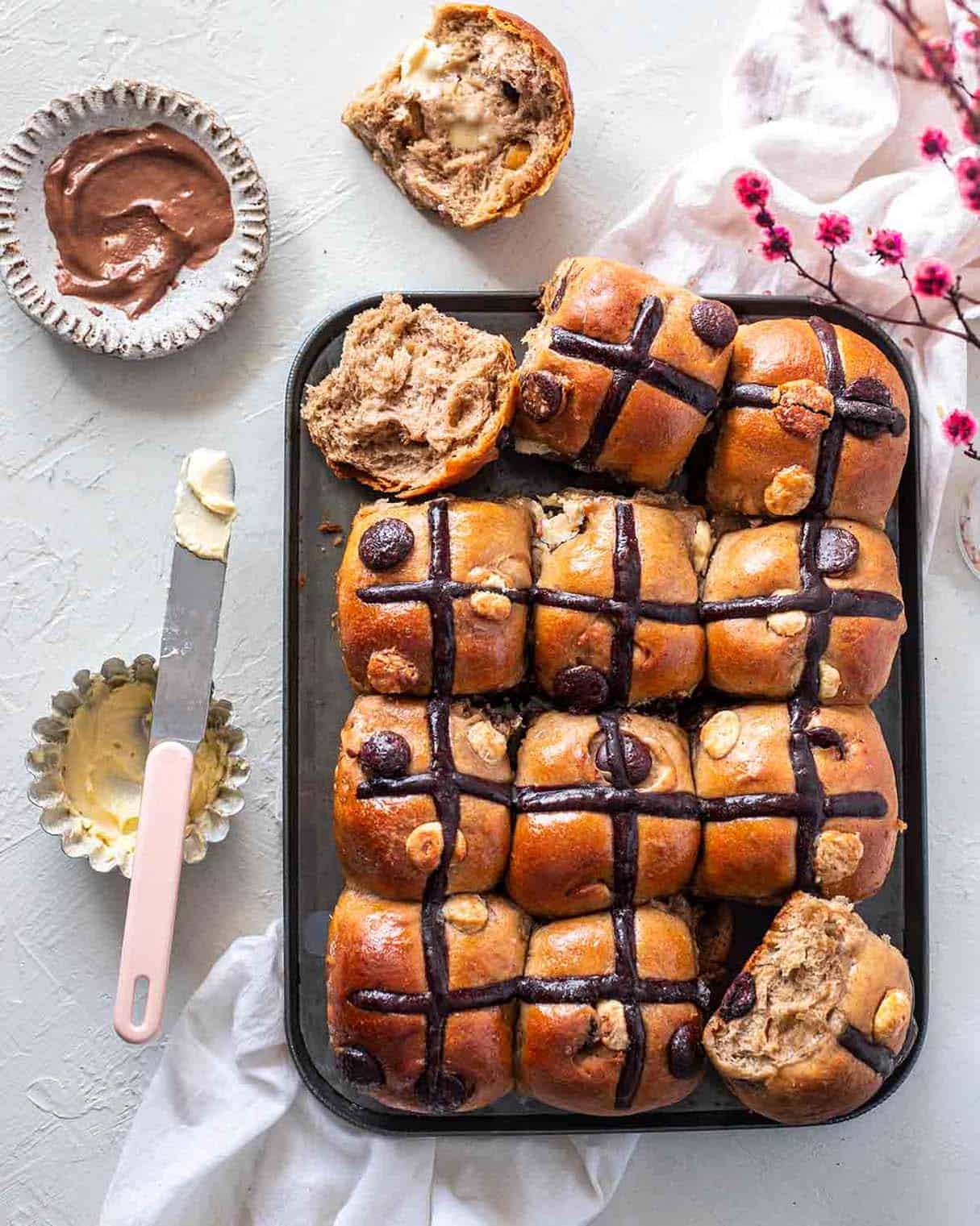 Double Chocolate Chip Hot Cross Buns (vegan)