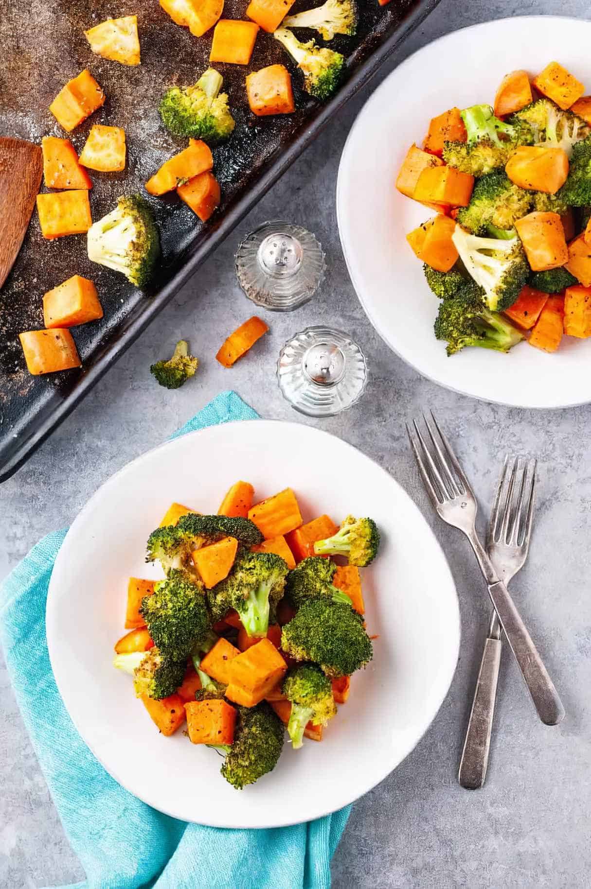 Roasted Broccoli and Sweet Potatoes in Coconut Oil