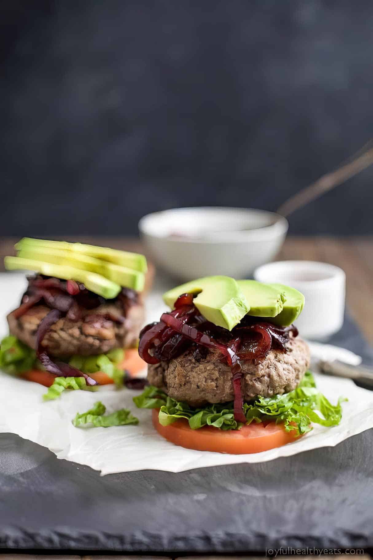 Paleo Burgers with Caramelized Balsamic Onions & Avocado