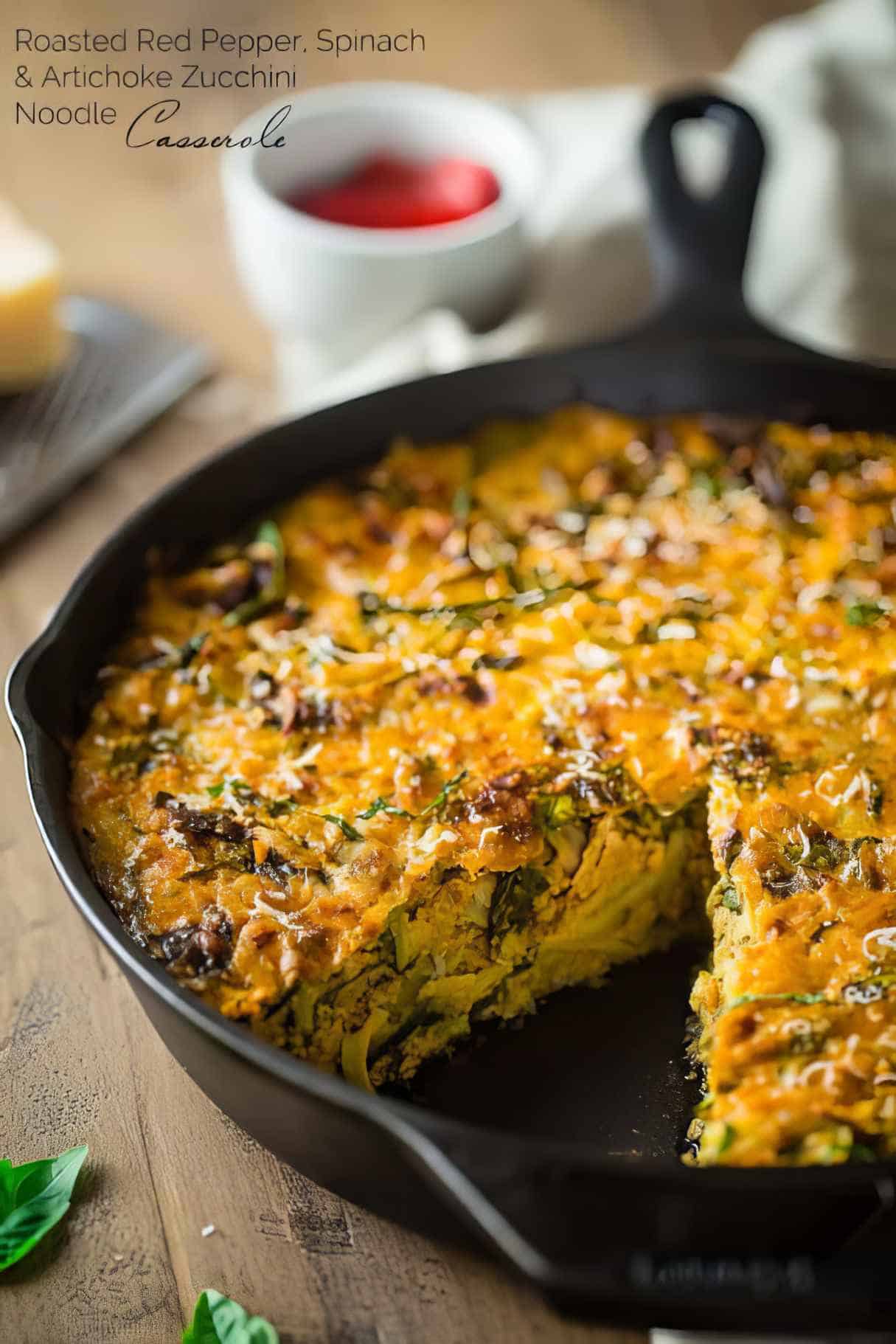 Spiralized Zucchini Casserole with Red Peppers, Spinach and Artichokes (Low-Carb)