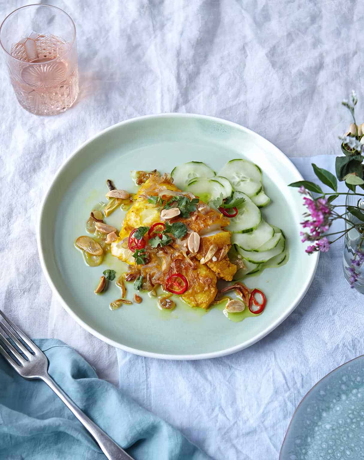 Turmeric White Fish with Peanuts and Chili-Lime Cucumber