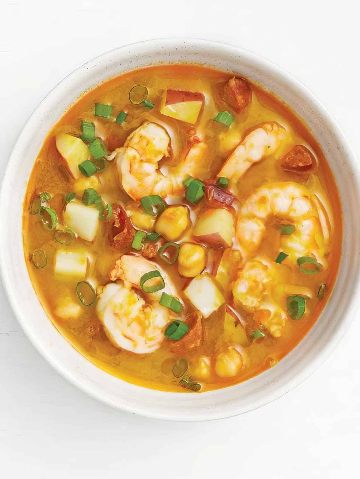 Chorizo, Shrimp and Chickpea Soup with Celery, Carrot, and Garlic