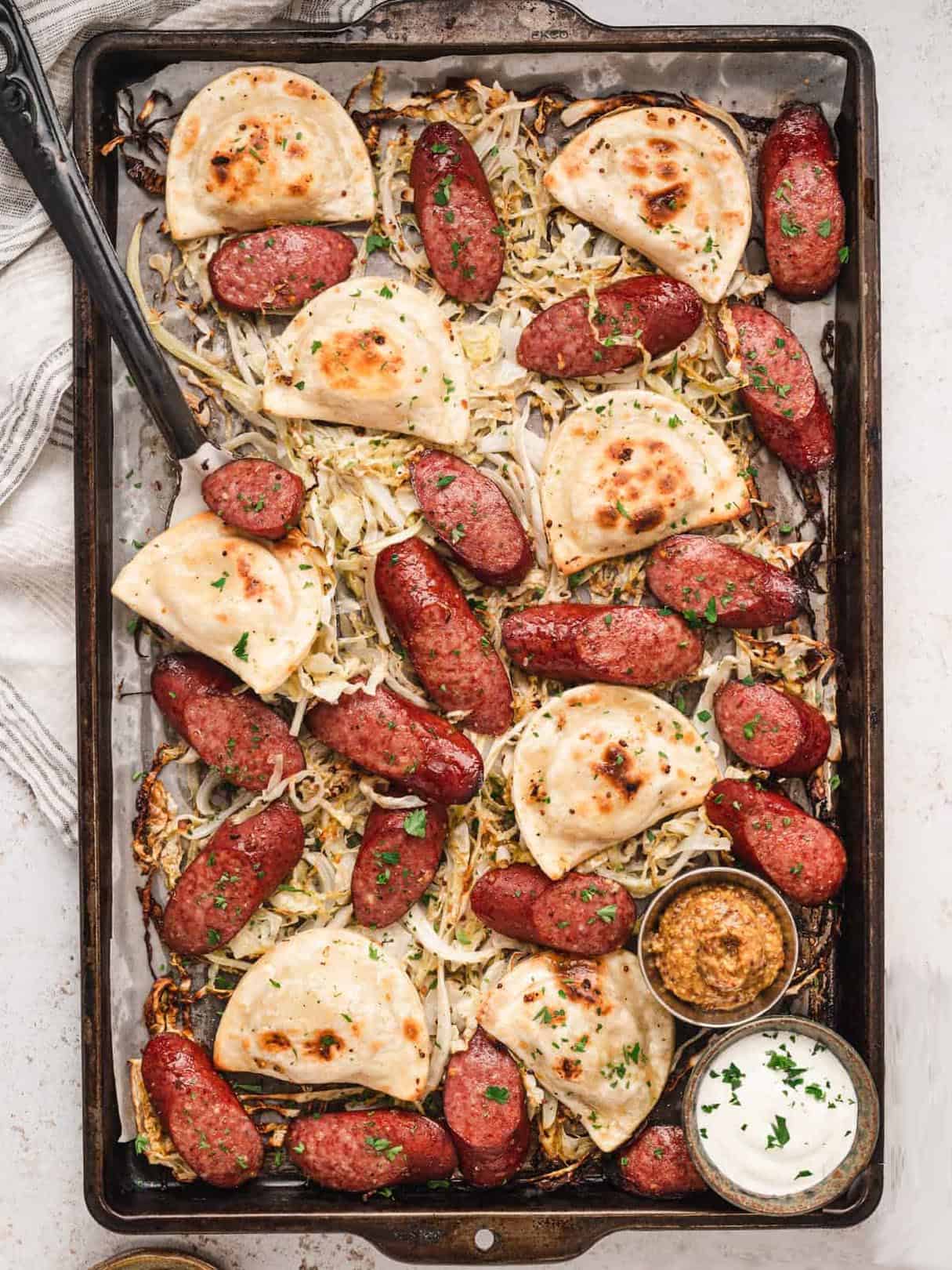 Kielbasa and Pierogi Sheet Pan Dinner