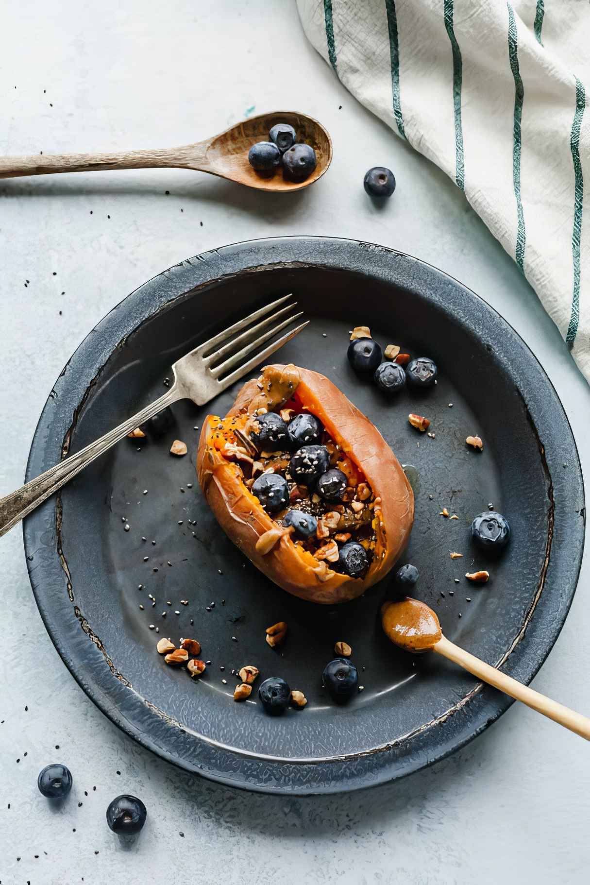 Instant Pot Breakfast Stuffed Sweet Potatoes with Almond Butter, Maple Syrup, and Blueberries!