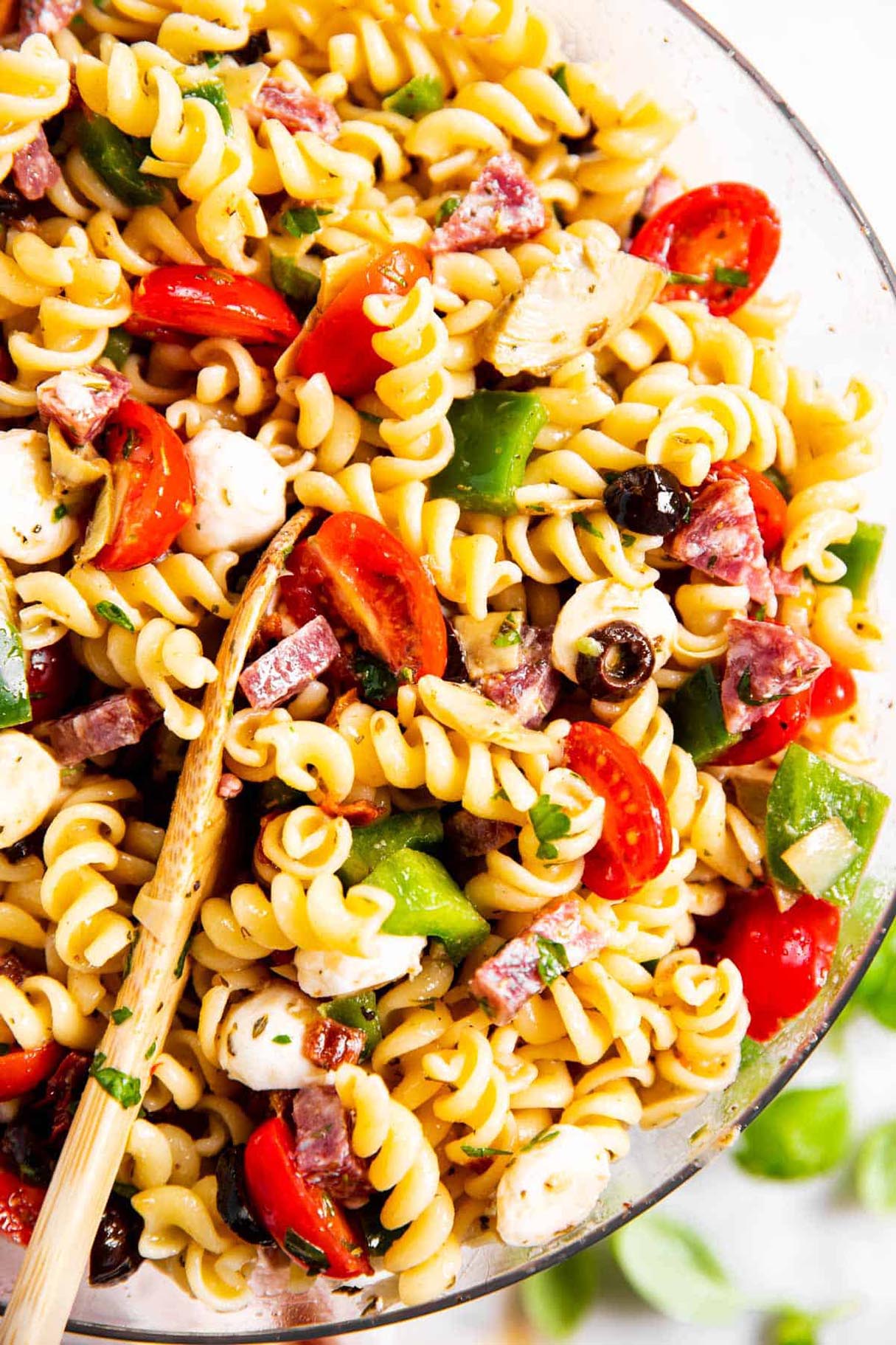 Easy Italian Pasta Salad with Salami, Olives, Artichoke Hearts and Sun-dried Tomatoes