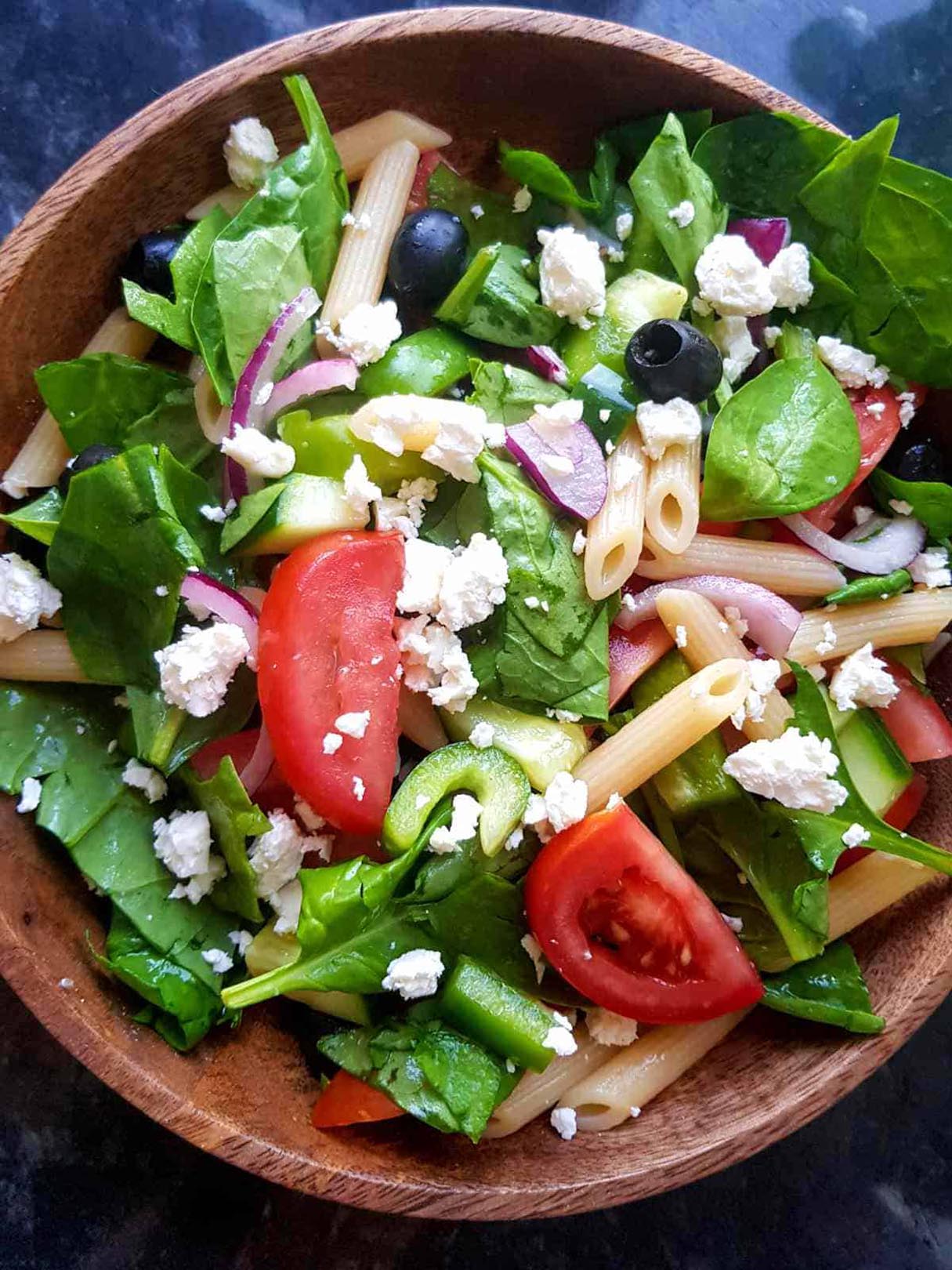 Greek Pasta Salad with Spinach, Feta and Vegetables